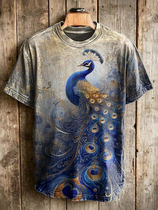 Retro Peacock Print Casual Short-Sleeve T-Shirt
