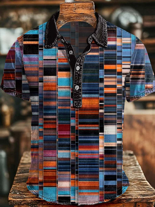 Retro Striped Print Casual Short-Sleeve Polo Shirt