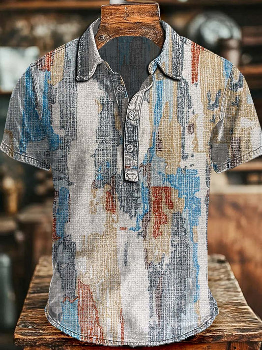 Vintage distressed print casual short-sleeved polo shirt