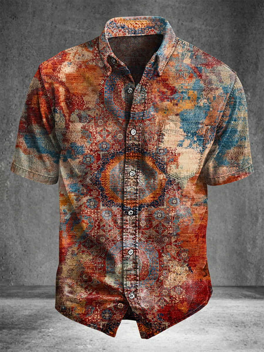 Retro Ethnic Print Casual Short-Sleeve Shirt