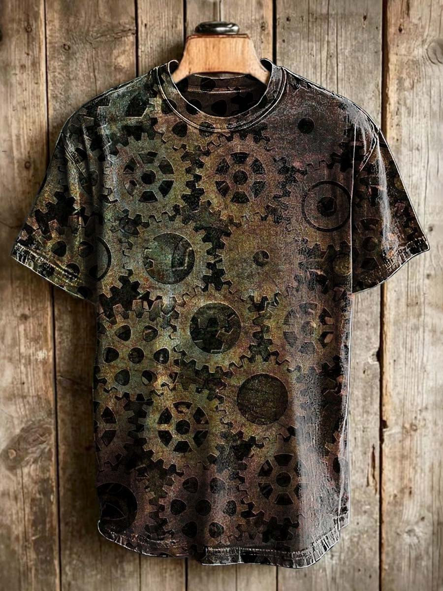 Vintage distressed gear print casual short-sleeved T-shirt