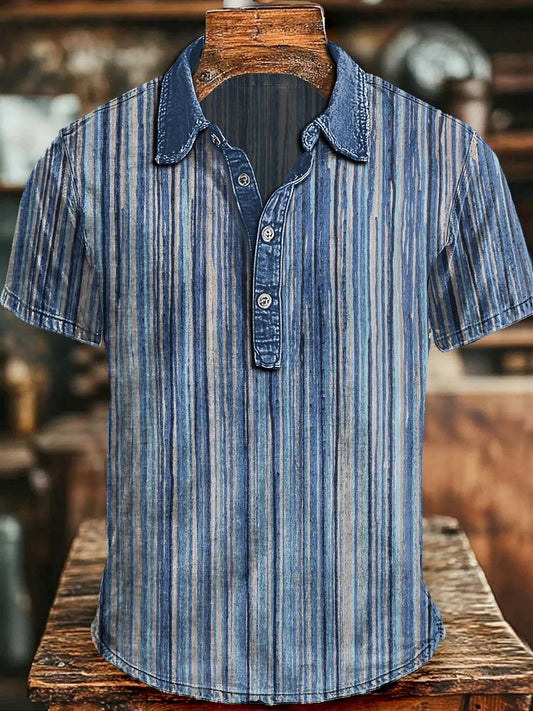 Distressed Vertical Stripe Print Casual Short-Sleeve Polo Shirt