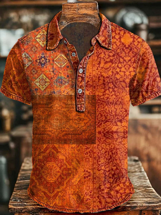 Retro Exotic Print Casual Short-Sleeve Polo Shirt