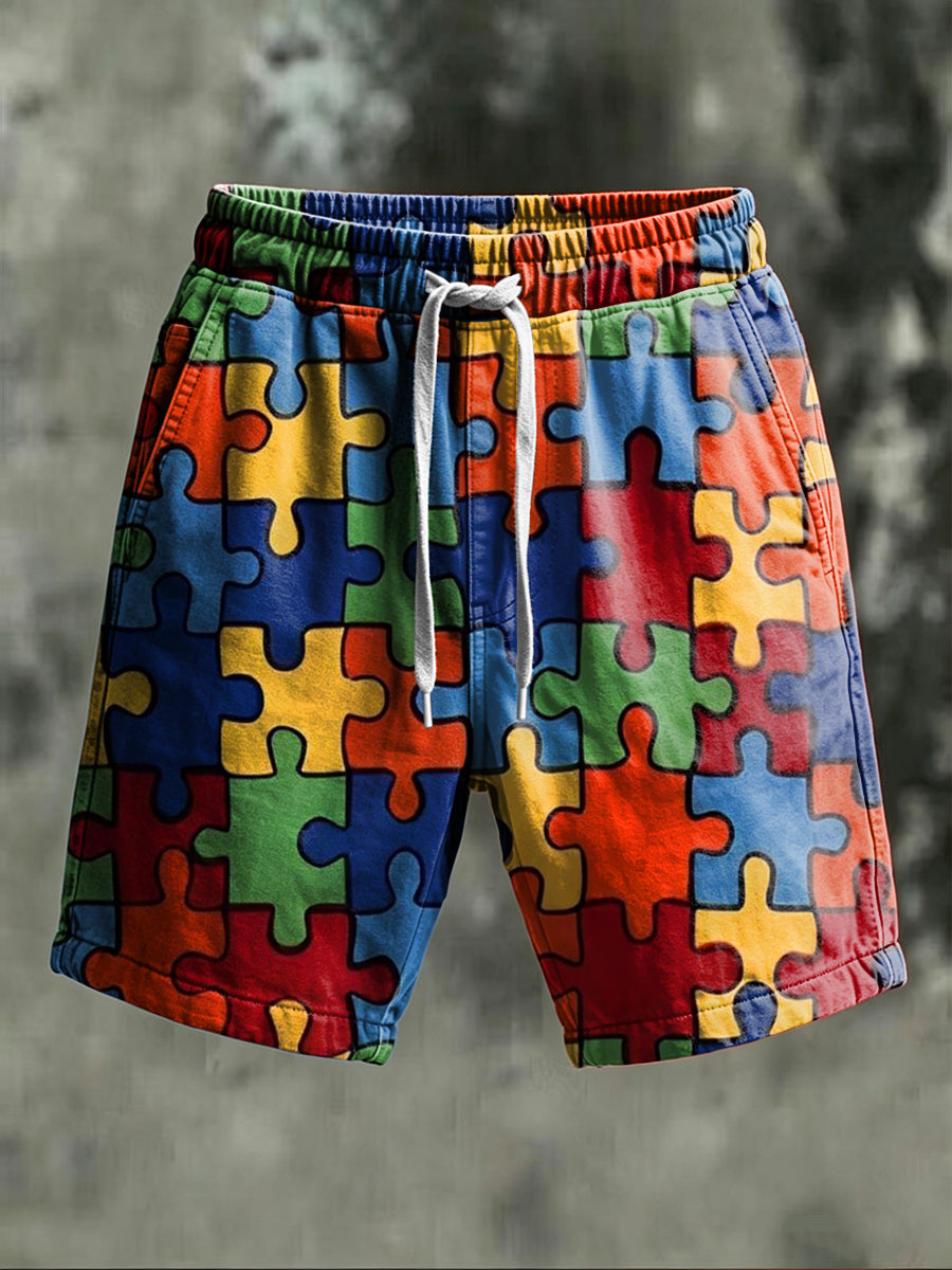 Rainbow Puzzle Print Casual Shorts