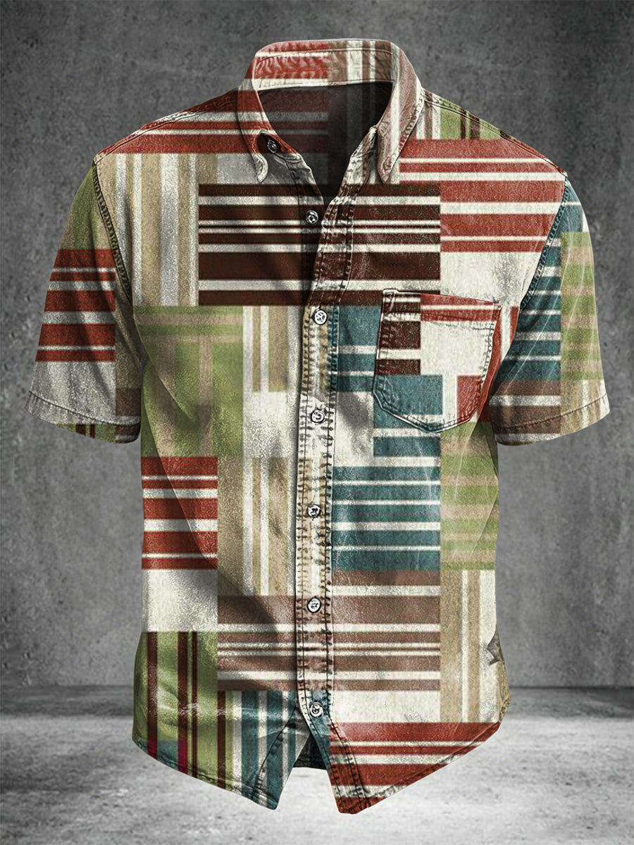 Retro striped patchwork printed casual short-sleeved shirt
