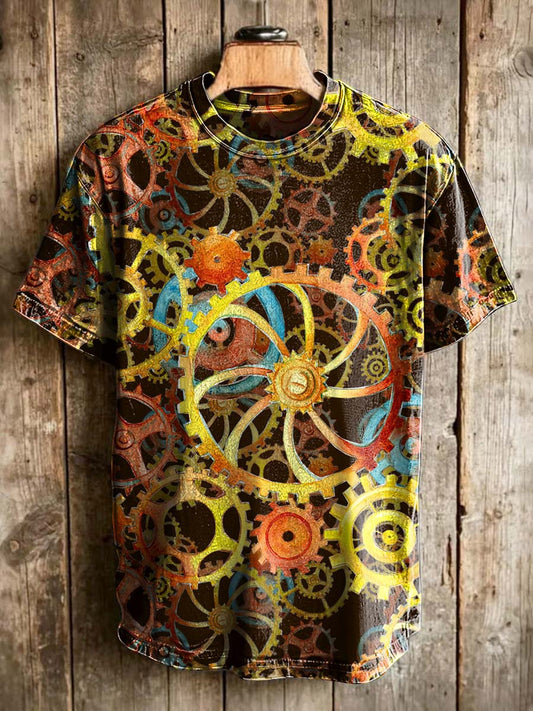 Rainbow Gear Print Casual Short-Sleeve T-Shirt