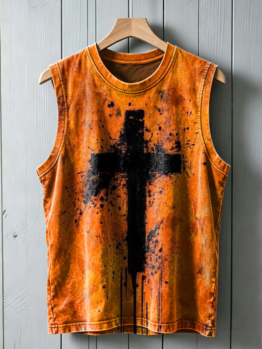 Splatter-painted cross print casual vest top
