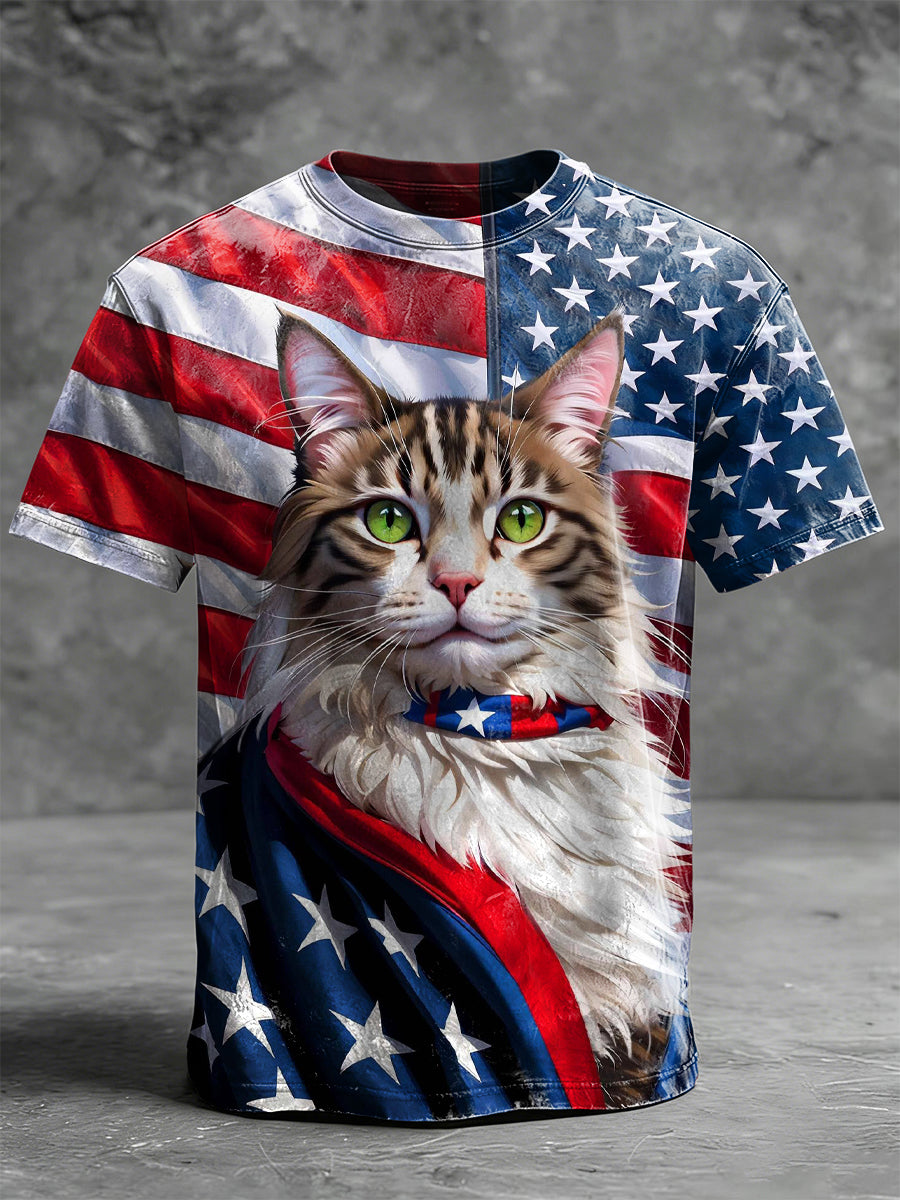 Flag Cat Print Casual Short-Sleeve T-Shirt