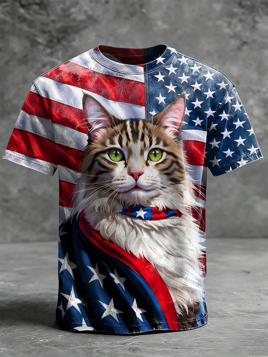 Flag Cat Print Casual Short-Sleeve T-Shirt