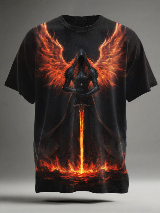 Flame Angel Knight Printed Casual Short-Sleeve T-Shirt
