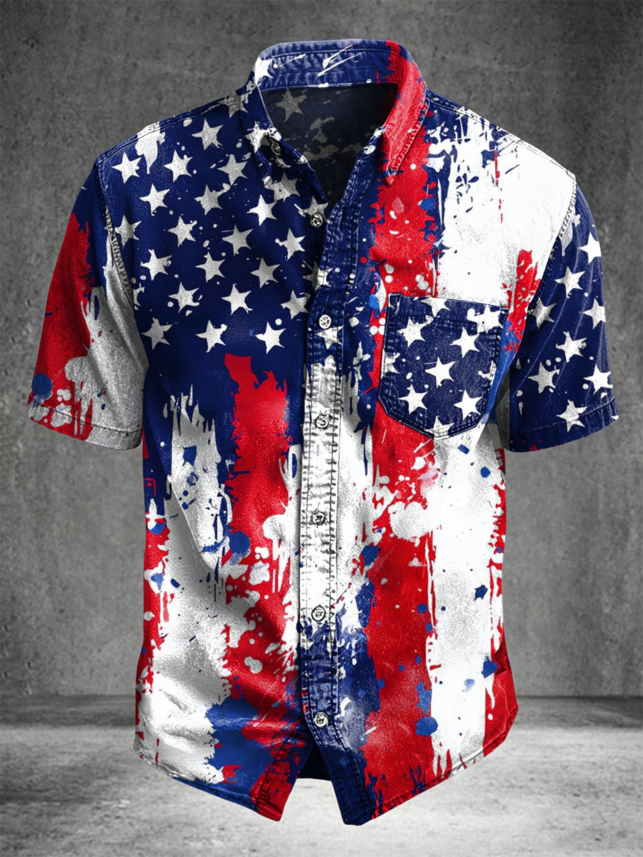 Splatter-painted National Flag Print Casual Short-sleeved Shirt