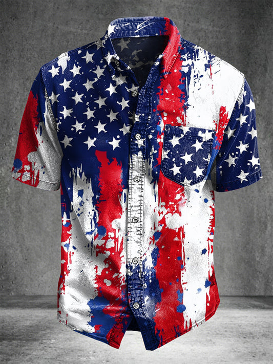 Splatter-painted National Flag Print Casual Short-sleeved Shirt