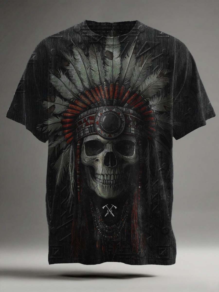 Indian Chief Skull Print Casual Short-Sleeve T-Shirt