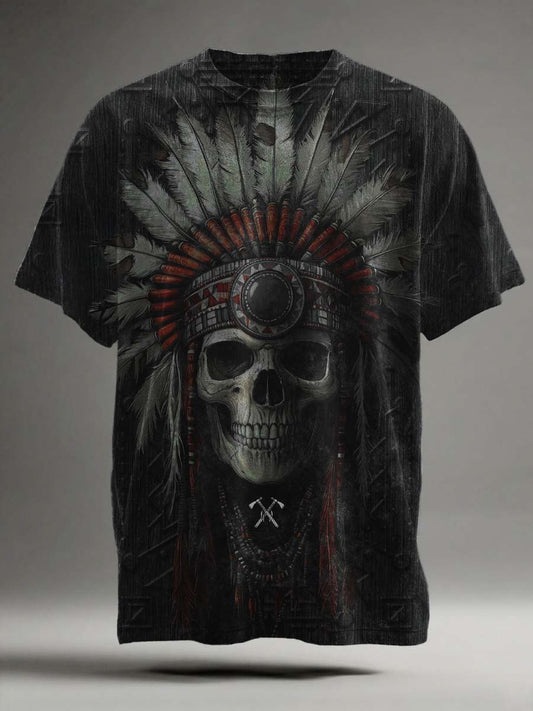 Indian Chief Skull Print Casual Short-Sleeve T-Shirt