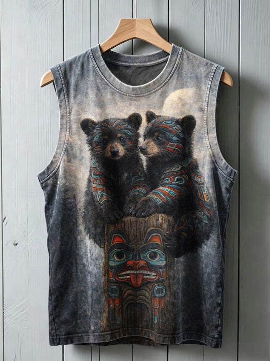 Tribal totem bear print casual vest top