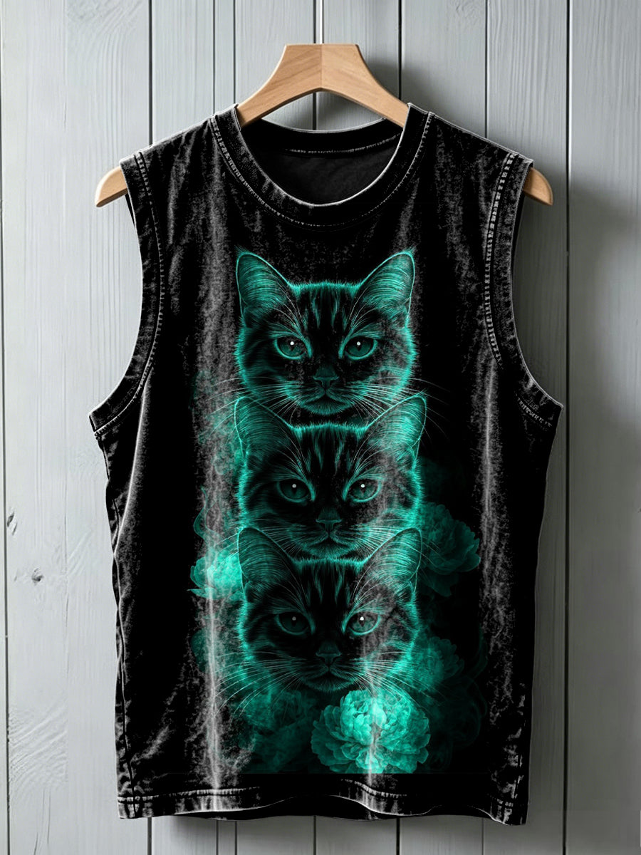 Fluorescent Three Cats Print Casual Vest Top