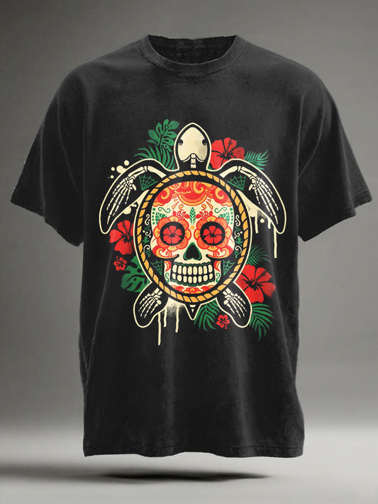 Skull and Turtle Print Casual Short-Sleeve T-Shirt