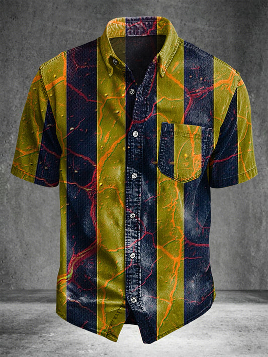 Retro striped marble print casual short-sleeved shirt