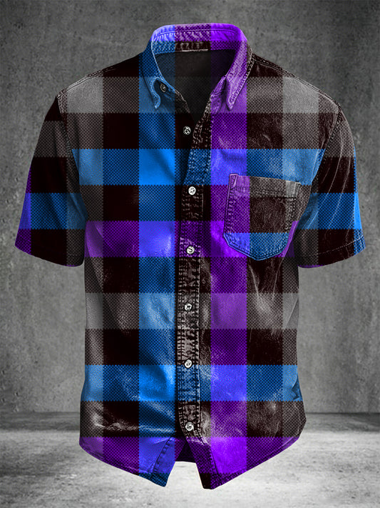 Gradient plaid print casual short-sleeved shirt