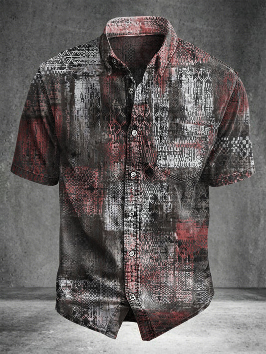 Ethnic geometric distressed print casual short-sleeved shirt
