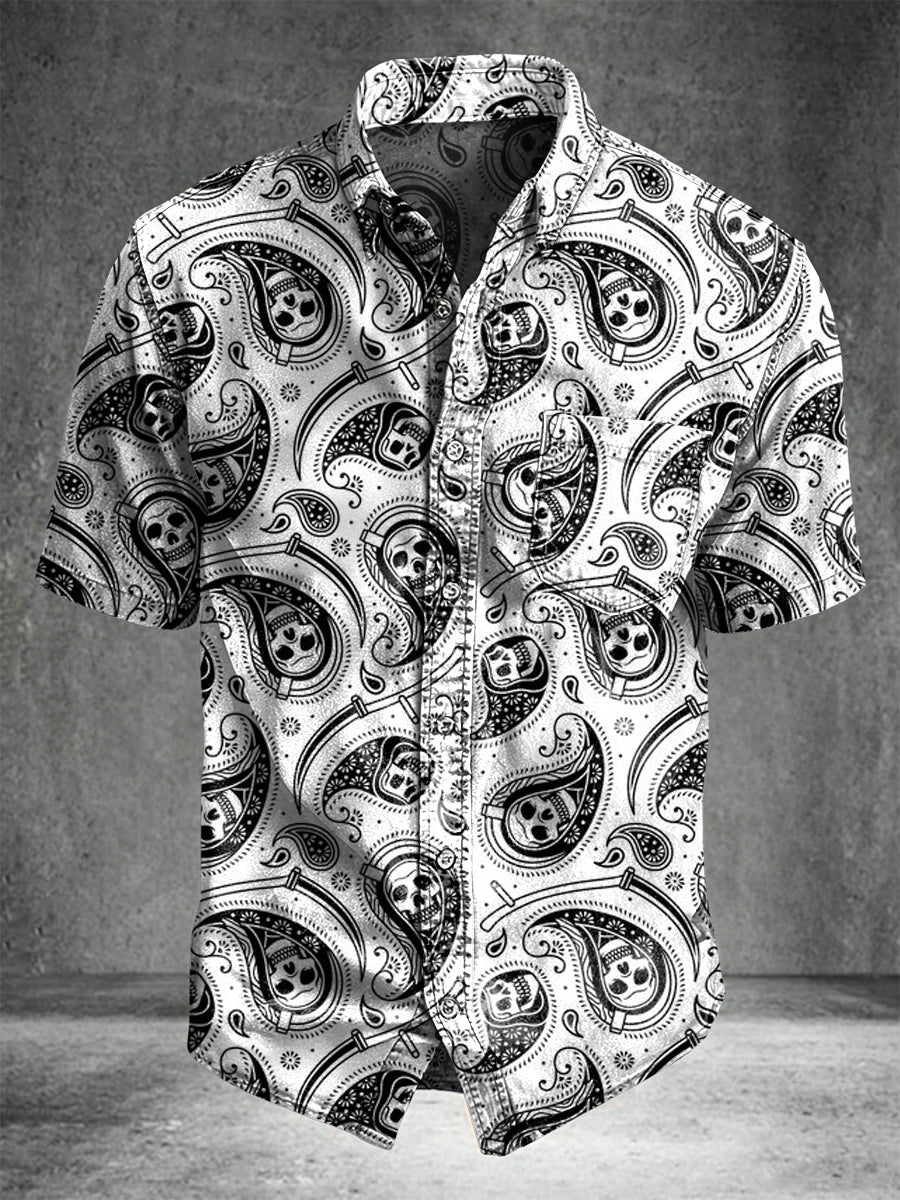 Skull Paisley Print Casual Short-Sleeve Shirt