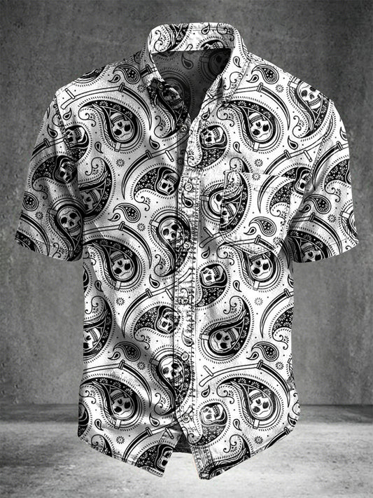 Skull Paisley Print Casual Short-Sleeve Shirt