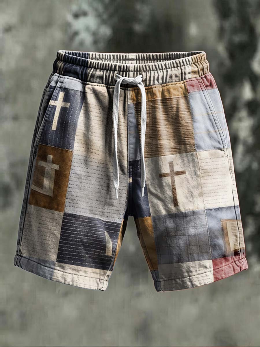Cross-patterned patchwork casual shorts