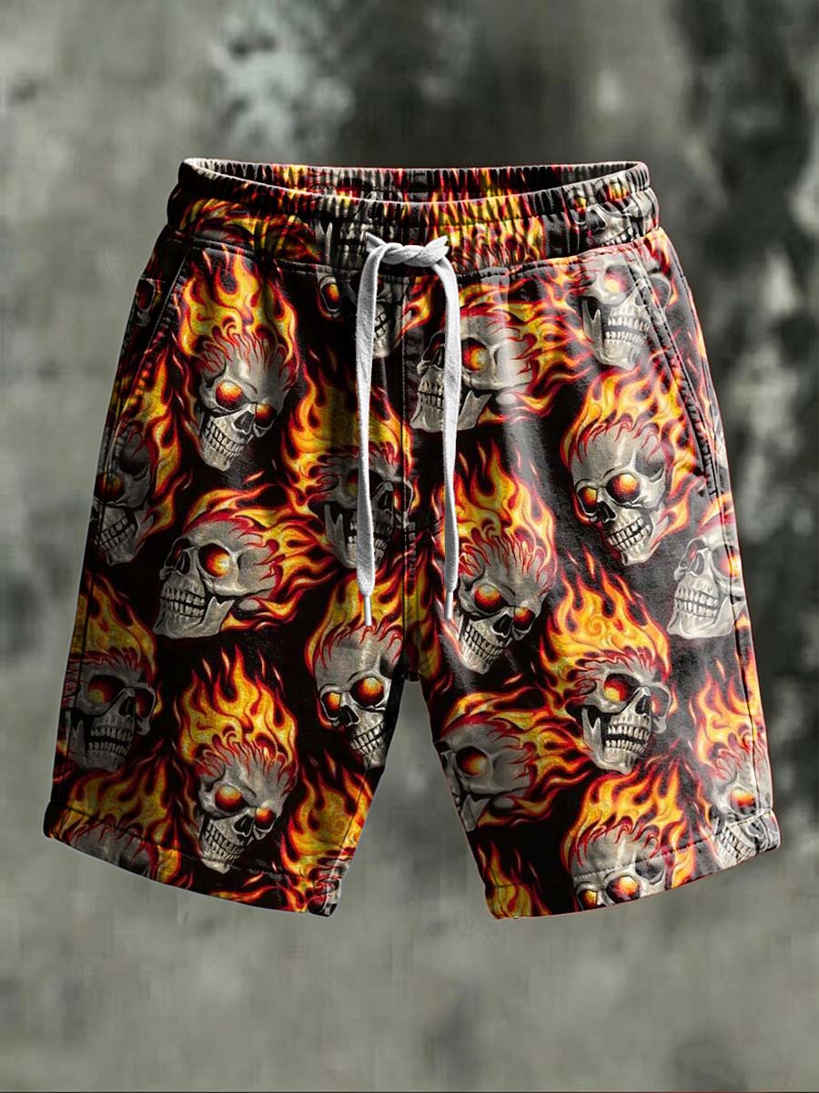 Flame Skull Print Casual Shorts