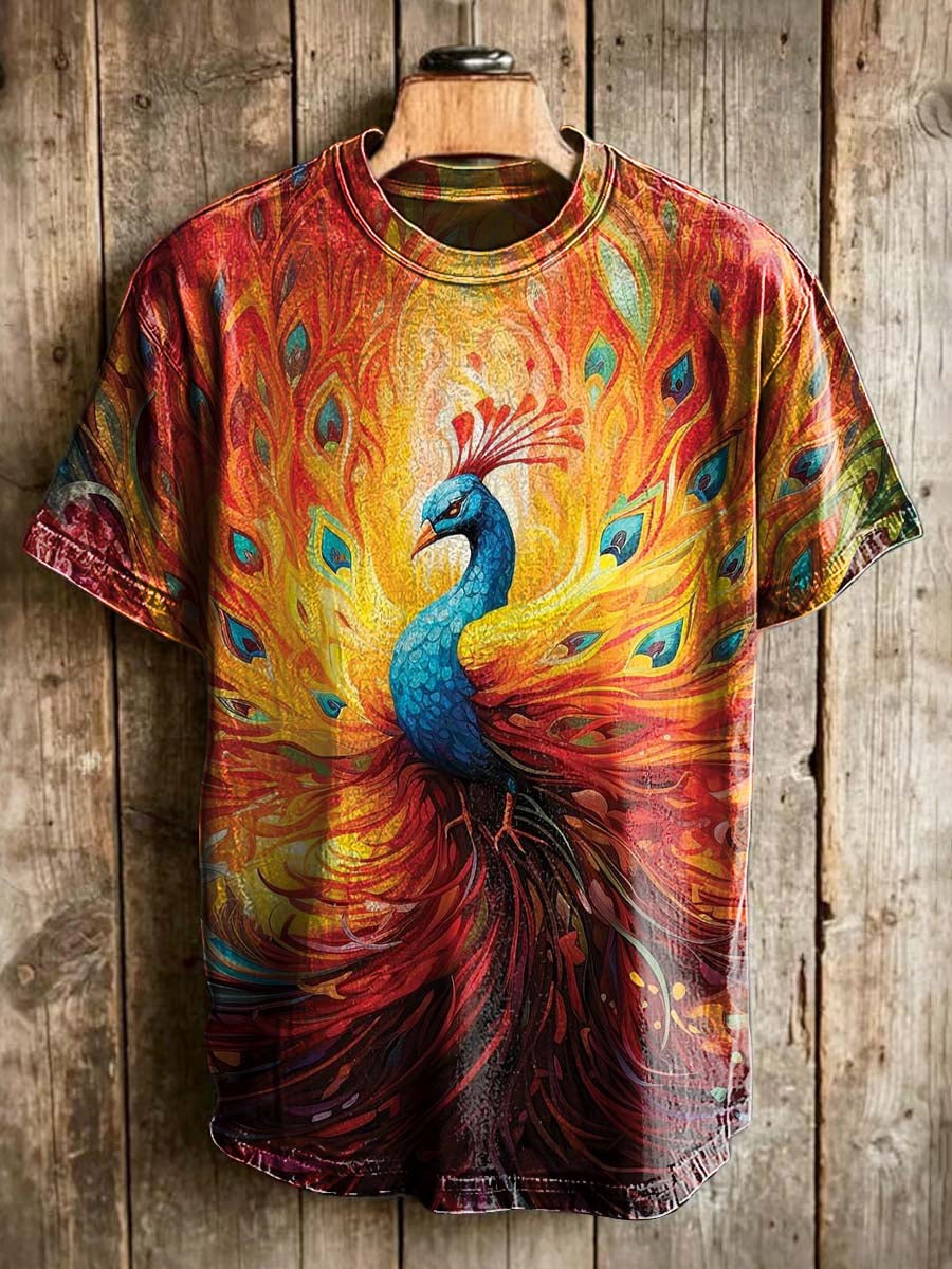 Peacock in Flames Print Casual Short-Sleeve T-Shirt