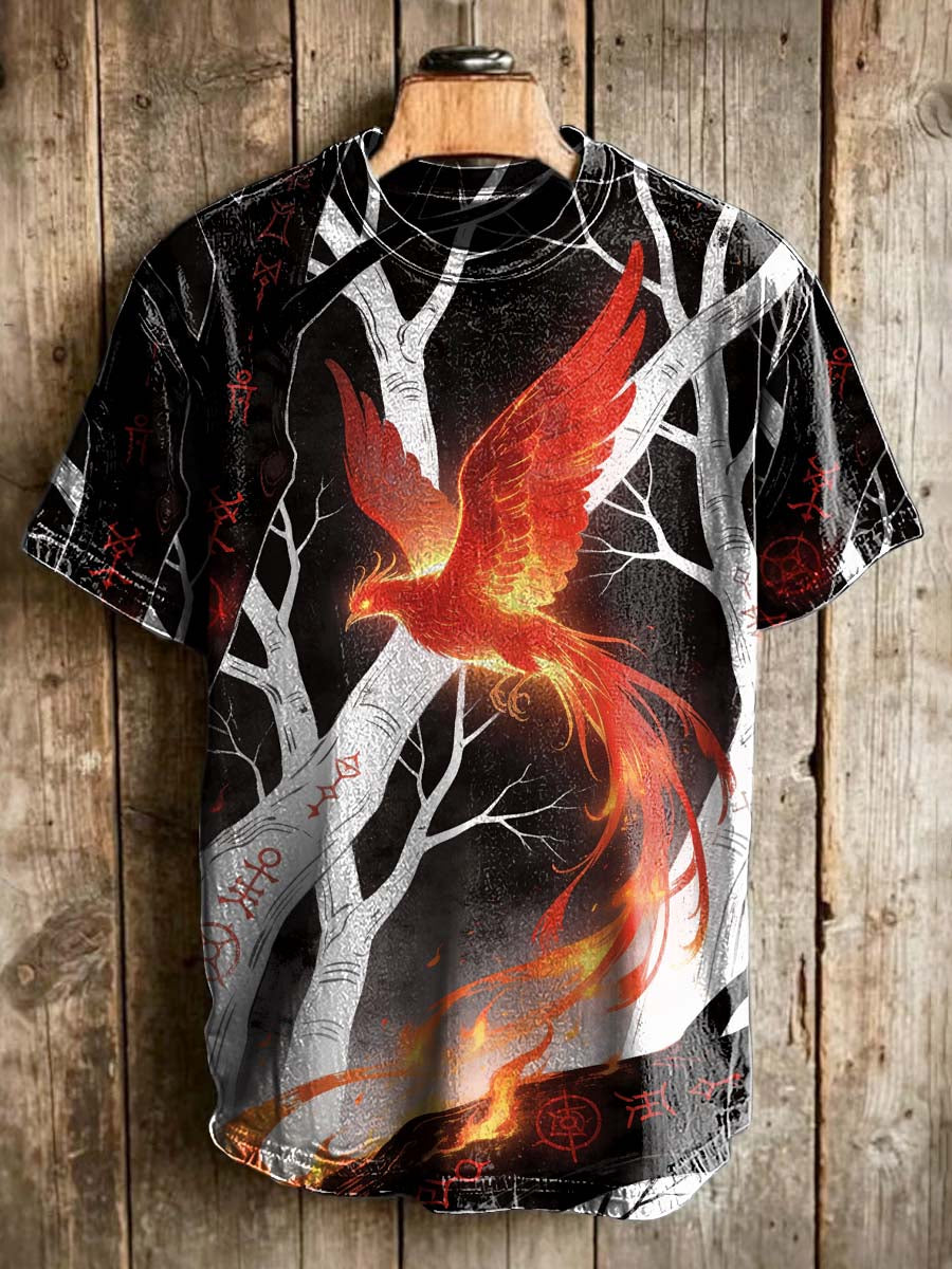Forest Phoenix Rune Print Casual Short-Sleeve T-Shirt