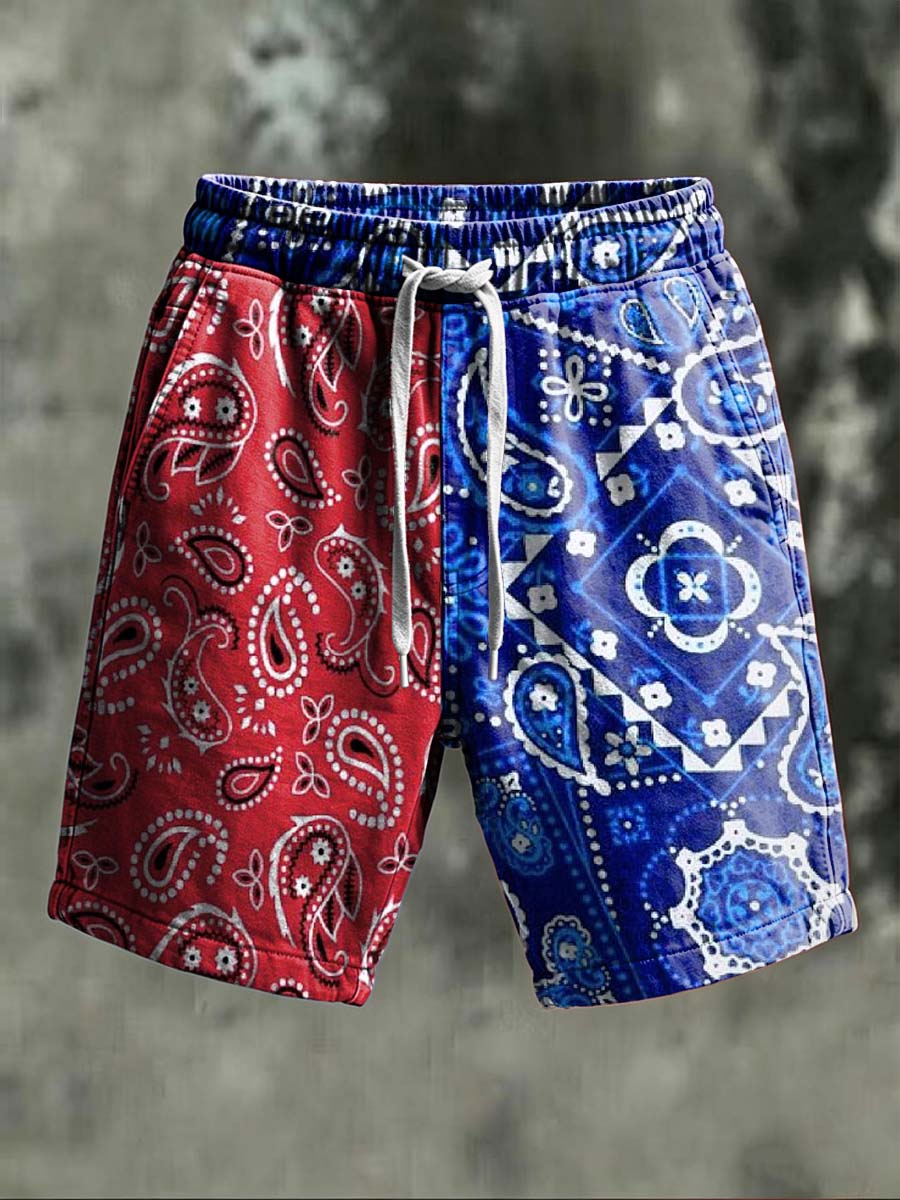 Color-blocked paisley print casual shorts