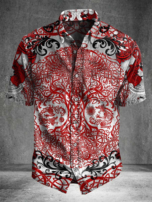 Red and white Viking dragon print casual short-sleeved shirt