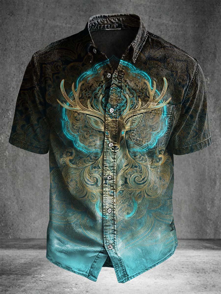 Forest Deer Print Casual Short-Sleeve Shirt