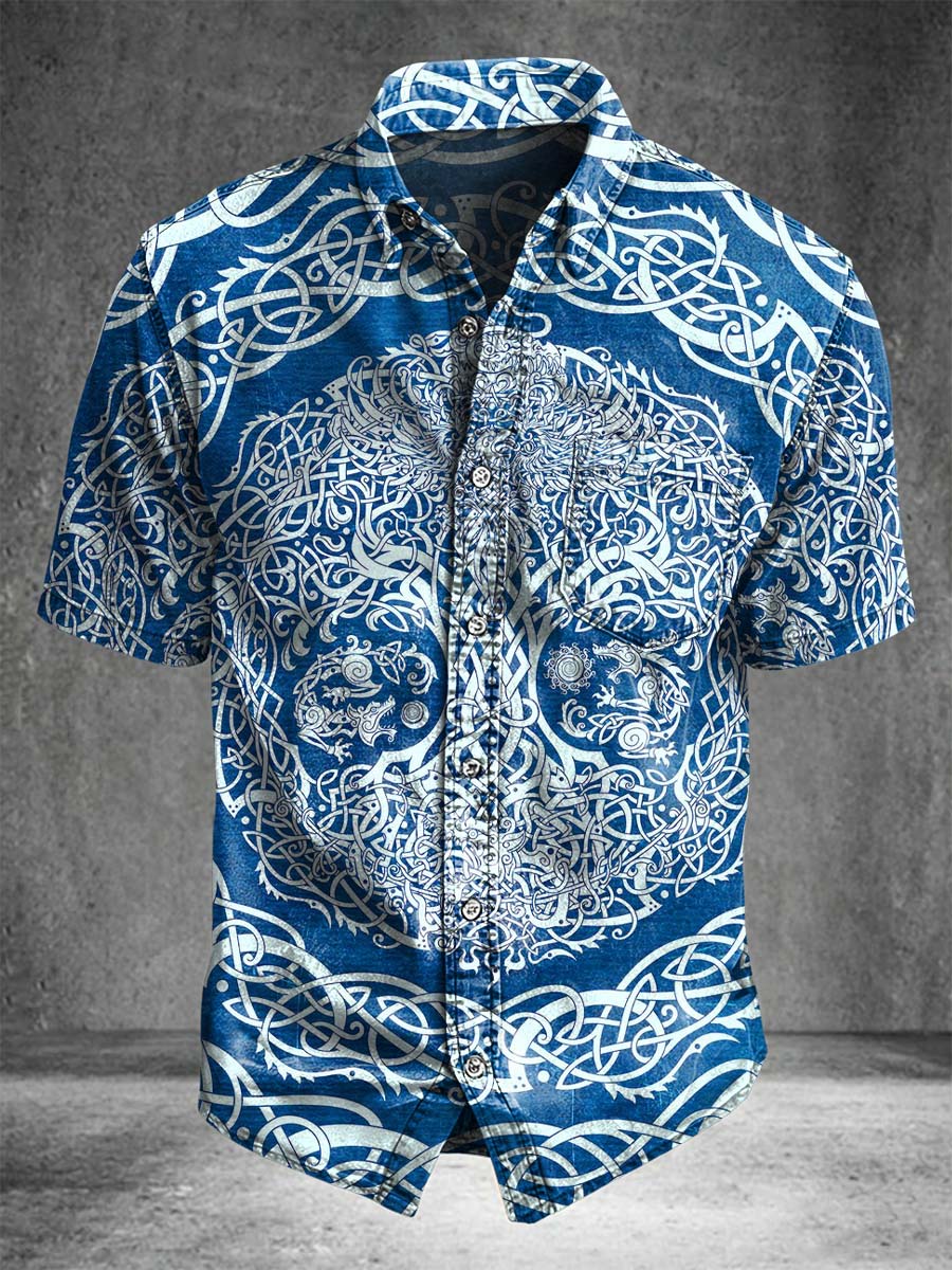 Blue Viking Dragon Print Casual Short-Sleeve Shirt