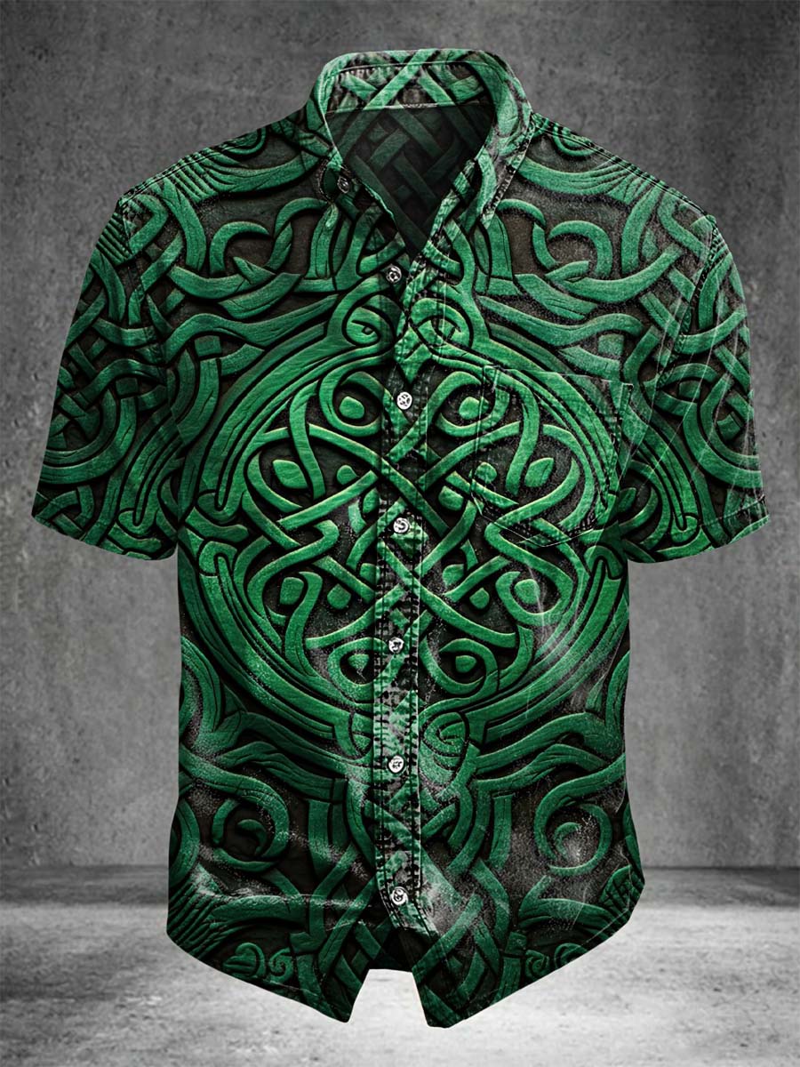 Green Celtic Embossed Print Casual Short-Sleeve Shirt