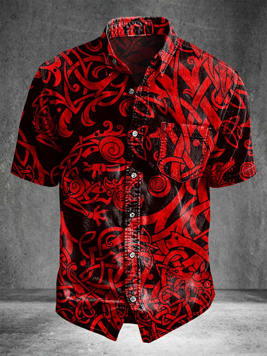 Red and black Viking totem print casual short-sleeved shirt