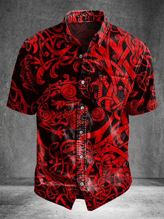 Red and black Viking totem print casual short-sleeved shirt