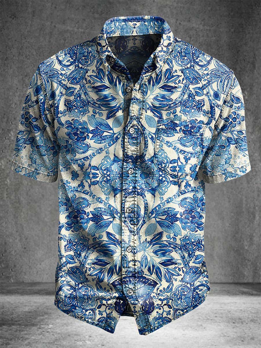 Blue and white porcelain style floral print casual short-sleeved shirt