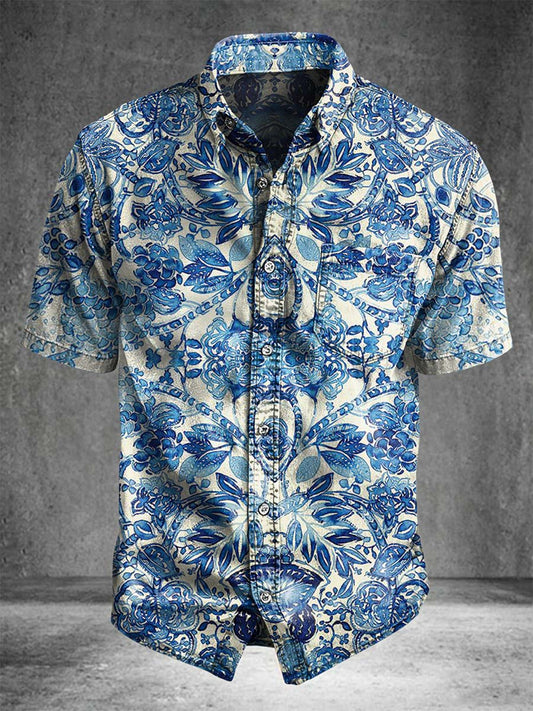 Blue and white porcelain style floral print casual short-sleeved shirt