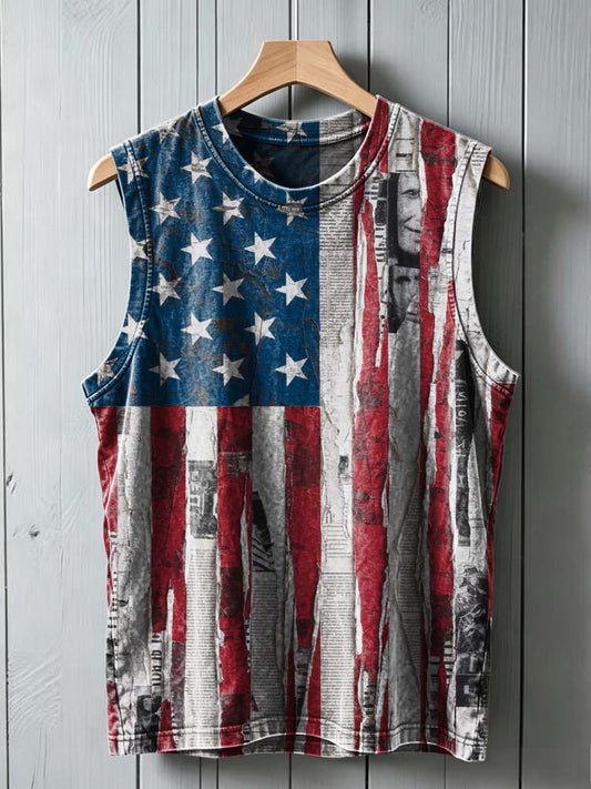 Newspaper and national flag print casual vest top