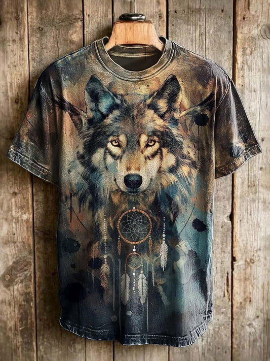 Tribal Wolf Head Print Casual Short-Sleeve T-Shirt