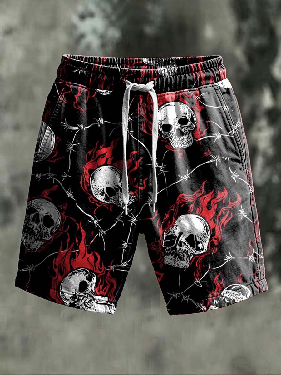 Thorn Skull Print Casual Shorts