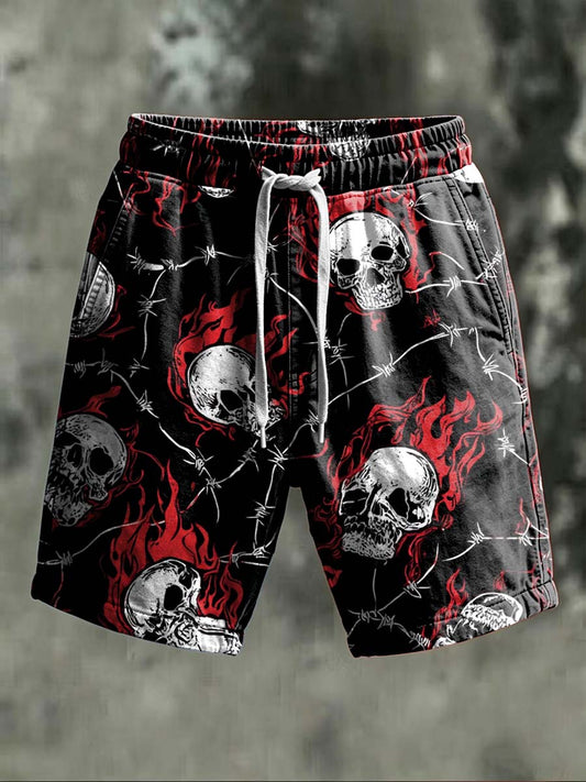 Thorn Skull Print Casual Shorts