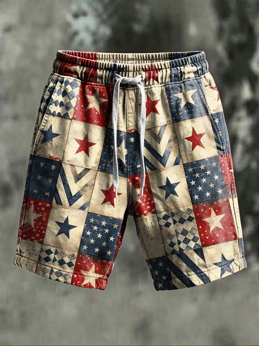 Star-Spangled Patchwork Print Casual Shorts