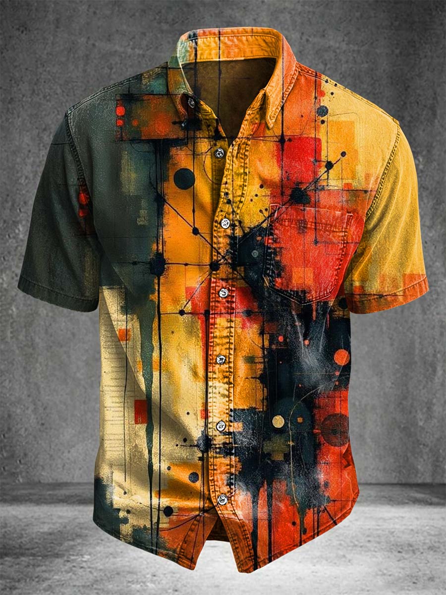 Abstract color block print casual short-sleeve shirt