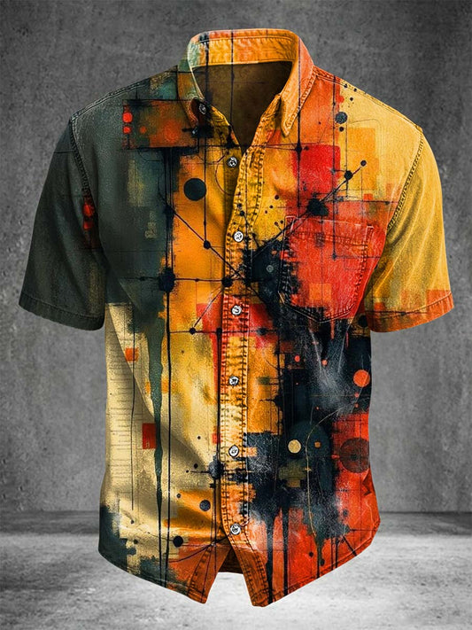 Abstract color block print casual short-sleeve shirt