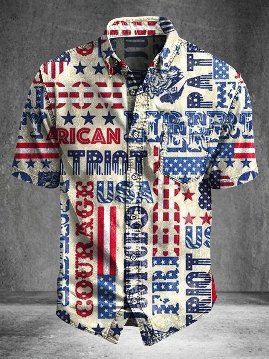 American-Style letter Patchwork Print Casual Short-sleeved Shirt