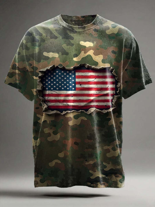 Ripped Flag Camo Print Short Sleeve T-shirt
