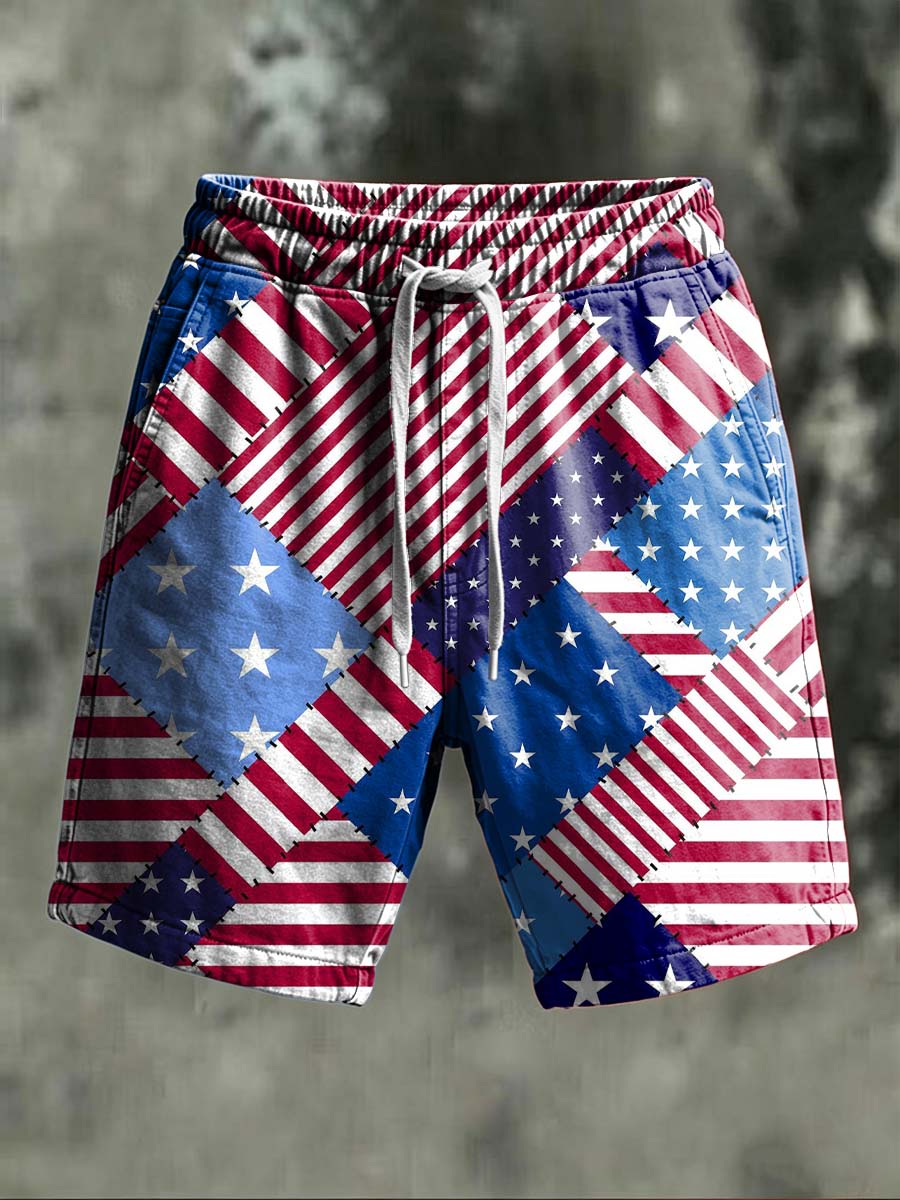 Star-Spangled Patchwork Print Casual Shorts