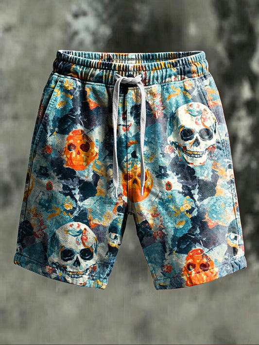 Watercolor Skull Print Casual Shorts